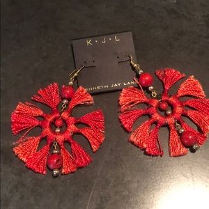 Red bead and thread tassels earrings